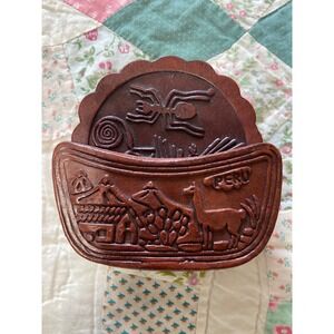 Vintage Peru Hand Tooled Leather 6 Coaster Set Nazca Lines Llama Holder Brown